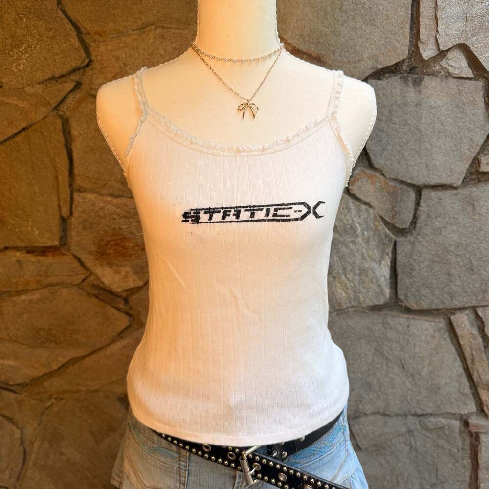 Handmade Static-X Band Logo White Ribbed Lace Trim Tank Top